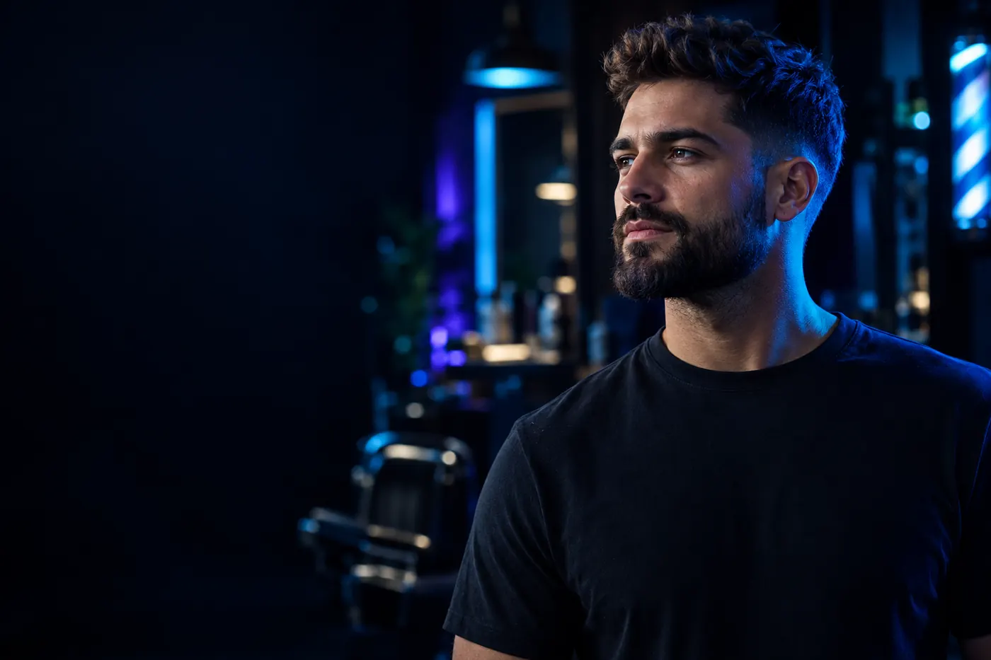 A barber in a dark studio lit with blue light
