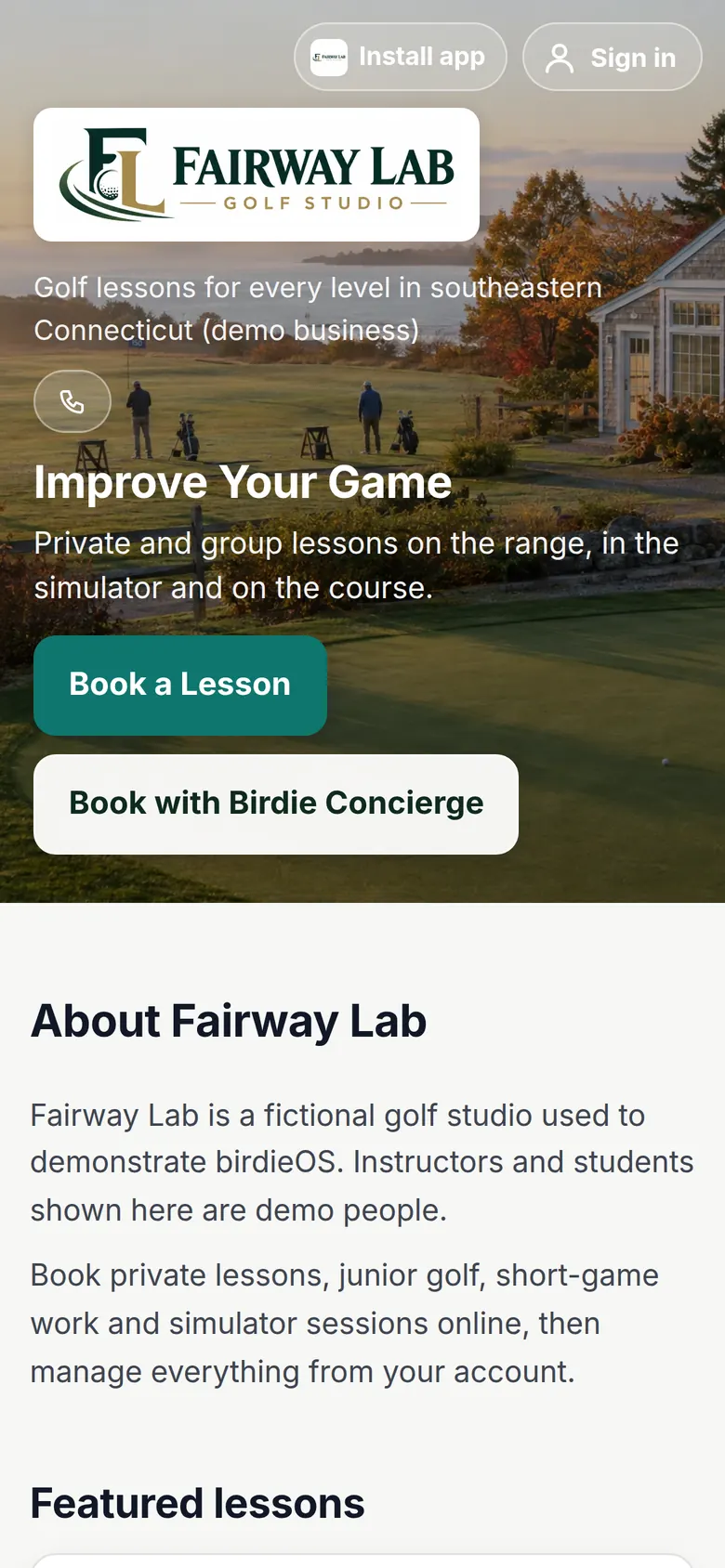 birdieOS booking page for a sample golf studio